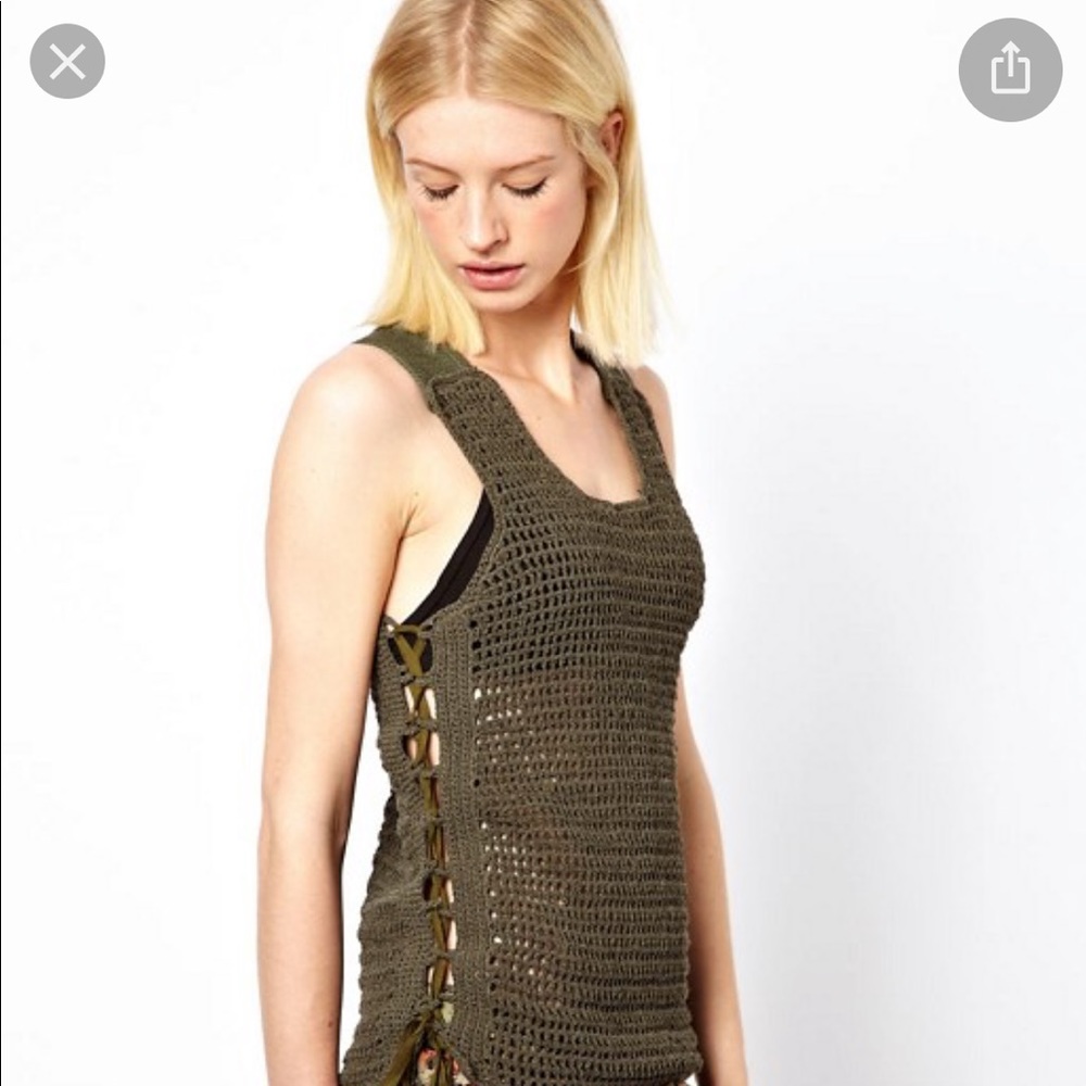 Edun Olive Crochet Top with Tie Detail